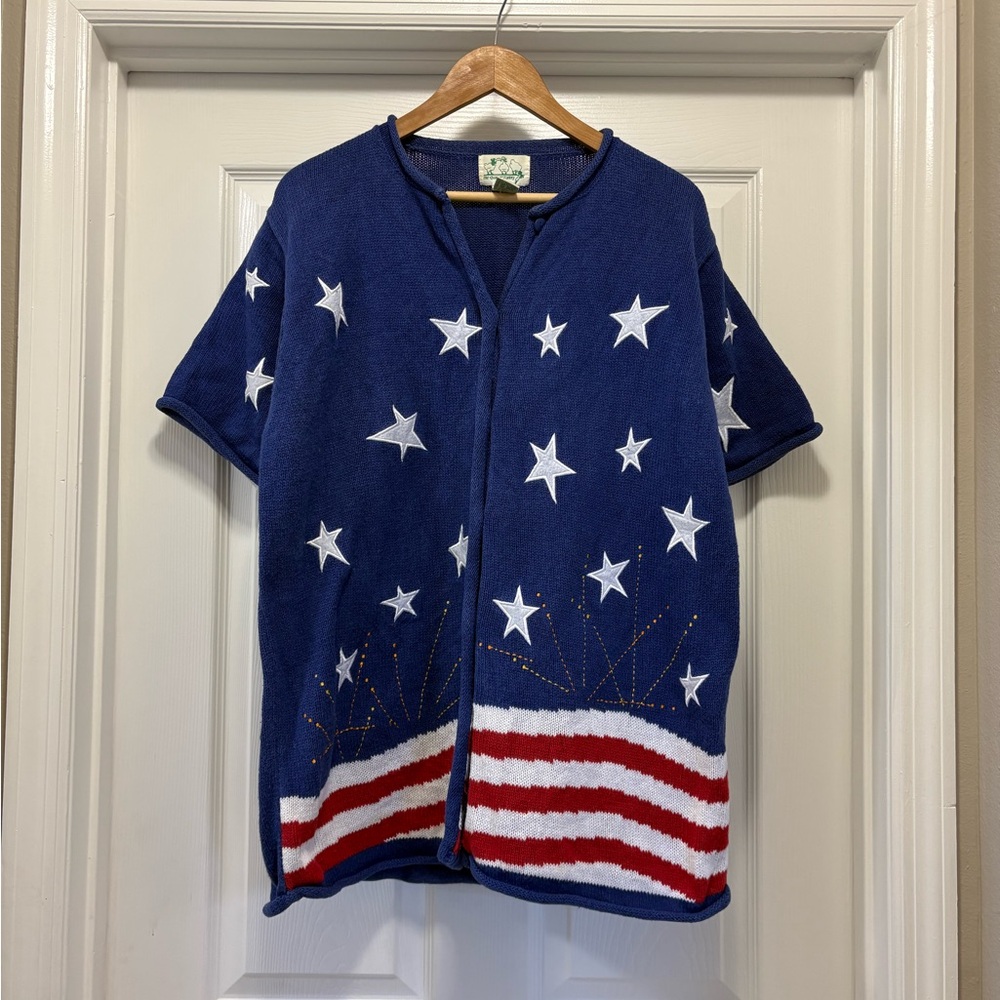 The Quacker Factory Patriotic Star and Stripe Button Up Sweater Shirt